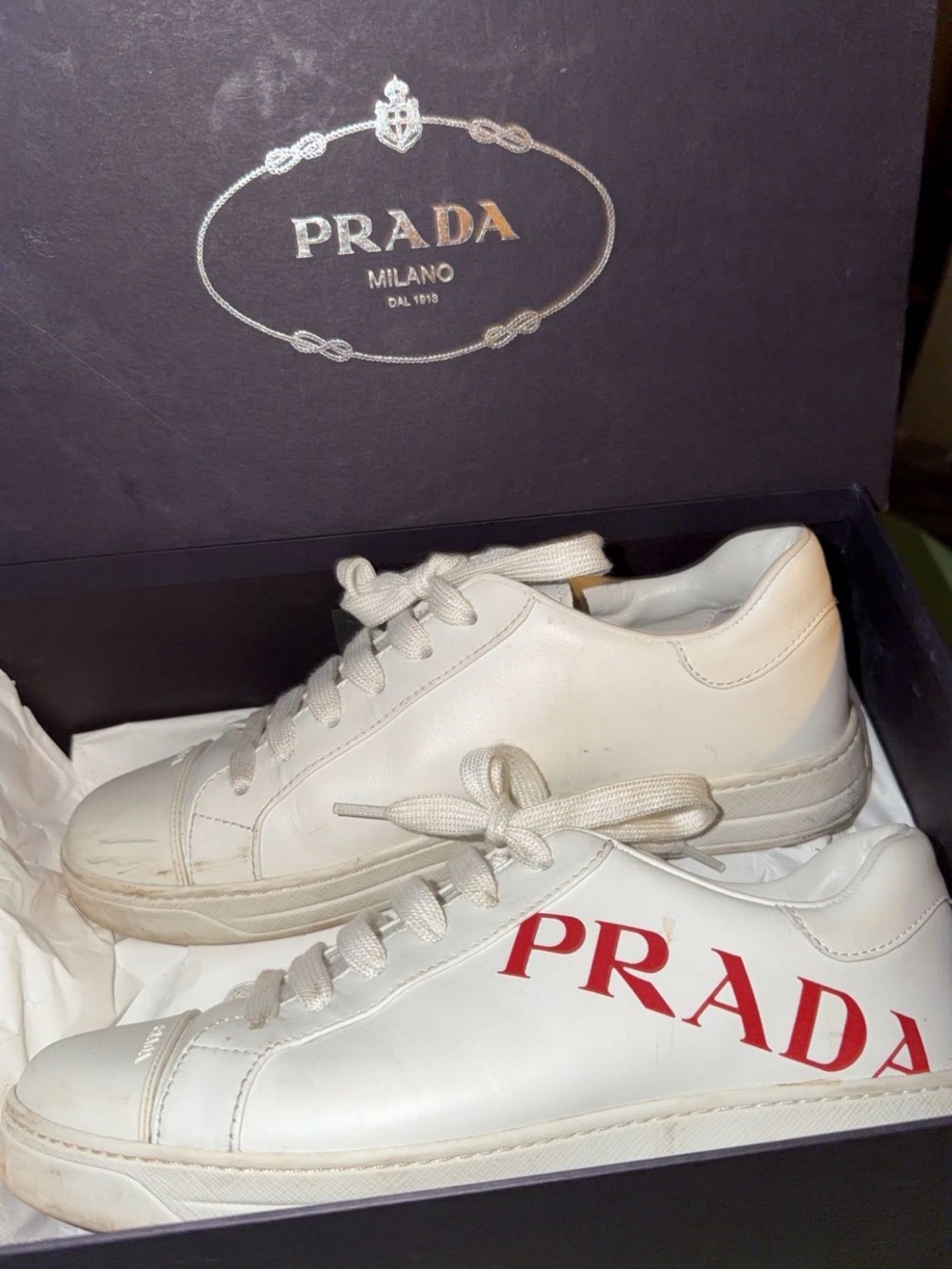 Prada White Leather Sneakers with Red Logo